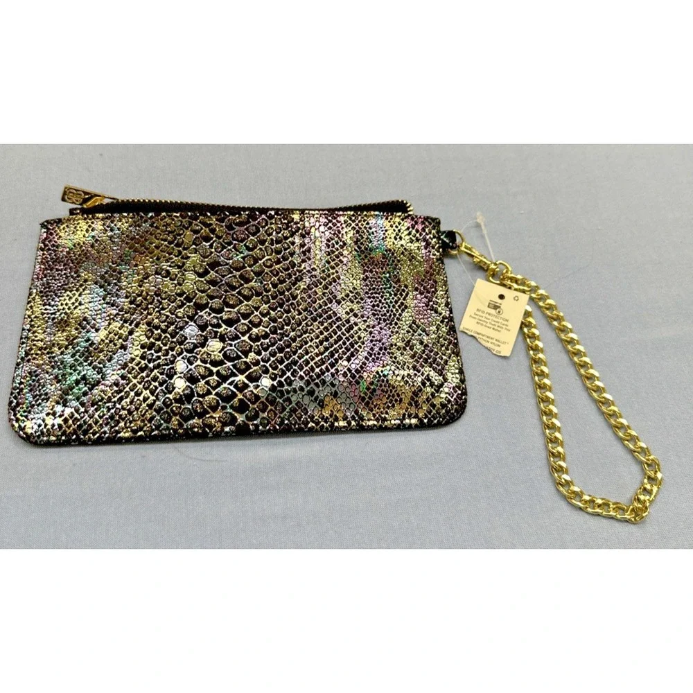BANDOLINO Gold Chain Link Wristlet Wallet Faux‎ Python Skin Metallic Multi RDIF